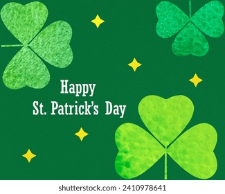 Happy St Patrick's Day handwritten typography lettering design banner. Watercolor green clover Saint Patrick holiday background 