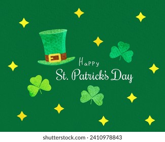 Happy St Patrick's Day handwritten typography lettering design banner. Watercolor green clover Saint Patrick holiday background 