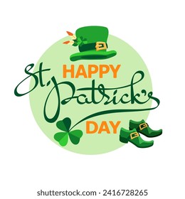 Happy St. Patrick's Day. Handwritten lettering. Festive composition of green letters, cute leprechaun hat with feathers, shoes, and clover. Spring holiday March 17 Saint Patrick. Vector illustration