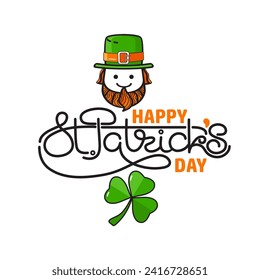 Happy St. Patrick's Day. Handwritten lettering on a white background. Festive composition of letters, a cute leprechaun in a hat, and a clover. Spring holiday March 17 Saint Patrick. Vector.