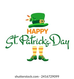 Happy St. Patrick's Day. Handwritten lettering on a white background. Festive composition of green letters, cute leprechaun hat, and shoes. Spring holiday March 17 Saint Patrick. Vector illustration