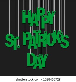 Happy St. Patricks day. Hanging letters on ropes. Pattern for banner, poster, greeting card, party invitation. Vector illustration