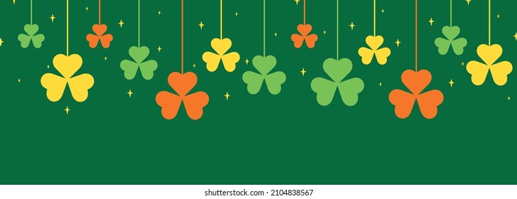 Happy St. Patrick`s Day. Hanging clover. Festive banner, poster, greeting card. Irish holiday, celebration party. Happy Saint Patrick's Day backdrop with hanging shamrocks in flat style. 