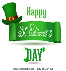 happy St Patrick's day, hat, ribbon, lettering, vector