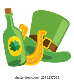 Happy St. Patrick's Day - hat, gold coins, horseshoe, green beer mug, shamrock, rainbow, leprechaun, cauldron, beer bottle - lucky vector graphics	
