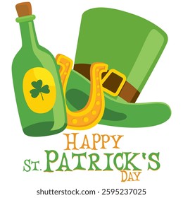 Happy St. Patrick's Day - hat, gold coins, horseshoe, green beer mug, shamrock, rainbow, leprechaun, cauldron, beer bottle - lucky vector graphics	
