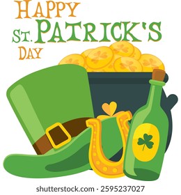 Happy St. Patrick's Day - hat, gold coins, horseshoe, green beer mug, shamrock, rainbow, leprechaun, cauldron, beer bottle - lucky vector graphics	
