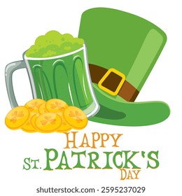 Happy St. Patrick's Day - hat, gold coins, horseshoe, green beer mug, shamrock, rainbow, leprechaun, cauldron, beer bottle - lucky vector graphics	
