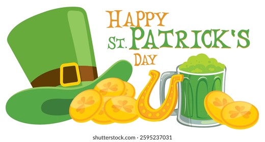 Happy St. Patrick's Day - hat, gold coins, horseshoe, green beer mug, shamrock, rainbow, leprechaun, cauldron, beer bottle - lucky vector graphics	
