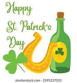 Happy St. Patrick's Day - hat, gold coins, horseshoe, green beer mug, shamrock, rainbow, leprechaun, cauldron, beer bottle - lucky vector graphics	
