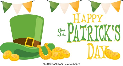 Happy St. Patrick's Day - hat, gold coins, horseshoe, green beer mug, shamrock, rainbow, leprechaun, cauldron, beer bottle - lucky vector graphics	
