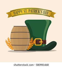happy st patricks day hat wooden barrel and wheat vector illustration eps 10