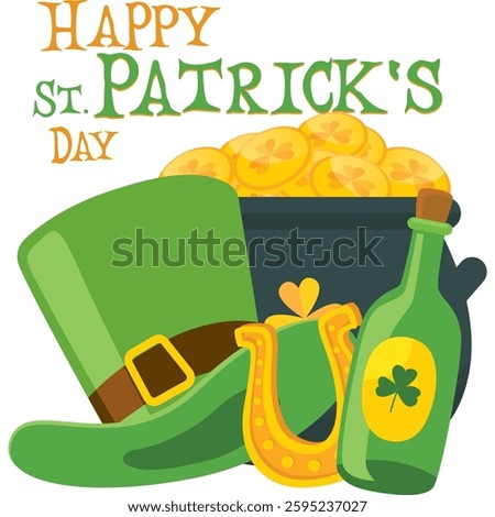Happy St. Patrick's Day - hat, gold coins, horseshoe, green beer mug, shamrock, rainbow, leprechaun, cauldron, beer bottle - lucky vector graphics	

