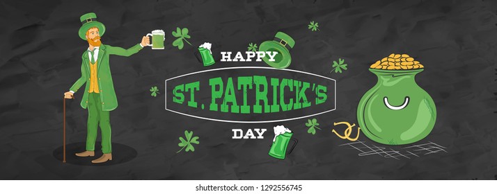 Happy St Patricks Day header or banner design with doodle illustration of leprechaun man and cauldron on black chalkboard background.