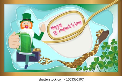 Happy St. Patrick's day with heap of golden coin, cheering beer,copy space, paper art style, vector illustration.