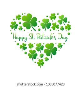 Happy St. Patricks Day heart made of bright green small shamrocks or clovers on white background. Vector irish shamrock illustration