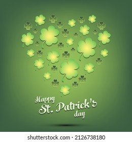 Happy St. Patricks day. Heart made of clovers and shamrock. Pattern design for logo, banner, poster, greeting card, party invitation. Vector illustration on isolated background