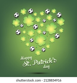 Happy St. Patrick's day. Heart made of clovers and soccer balls. Pattern design for logo, banner, poster, greeting card, party invitation. Vector illustration on isolated background