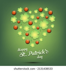 Happy St. Patrick's day. Heart made of clovers and basketball balls. Pattern design for logo, banner, poster, greeting card, party invitation. Vector illustration on isolated background