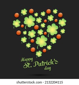 Happy St. Patrick's day. Heart made of clovers and basketball balls. Pattern design for logo, banner, poster, greeting card, party invitation. Vector illustration on isolated background