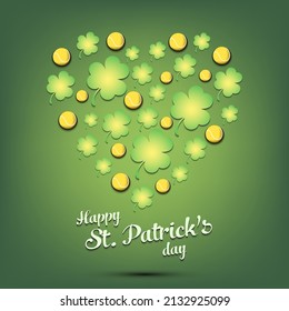 Happy St. Patrick's day. Heart made of clovers and tennis balls. Pattern design for logo, banner, poster, greeting card, party invitation. Vector illustration on isolated background