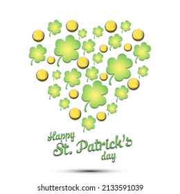 Happy St. Patrick's day. Heart made of clovers and tennis balls. Pattern design for logo, banner, poster, greeting card, party invitation. Vector illustration on isolated background