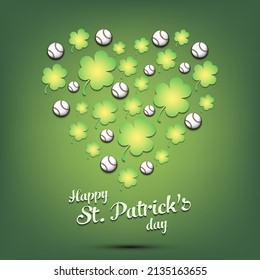 Happy St. Patrick's day. Heart made of clovers and baseball balls. Pattern design for logo, banner, poster, greeting card, party invitation. Vector illustration on isolated background