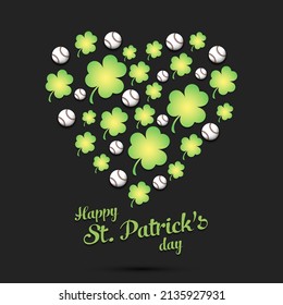 Feliz Día de San Patricio. Corazón hecho de tréboles y pelotas de béisbol. Diseño de patrones para logotipo, banner, afiche, tarjeta de saludo, invitación a fiesta. Ilustración del vector en el fondo aislado