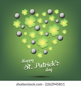 Happy St. Patrick's day. Heart made of clovers and volleyball balls. Pattern design for logo, banner, poster, greeting card, party invitation. Vector illustration on isolated background