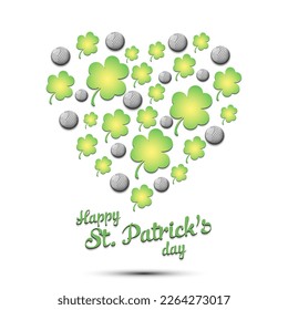 Happy St. Patrick's day. Heart made of clovers and golf balls. Pattern design for logo, banner, poster, greeting card, party invitation. Vector illustration on isolated background