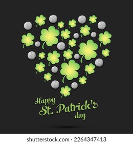 Alles Gute zum St. Patrick's Day! Herz aus Kleeblatt und Golfbälle. Muster-Design für Logo, Banner, Poster, Grußkarte, Partyeinladung. Vektorgrafik auf isoliertem Hintergrund