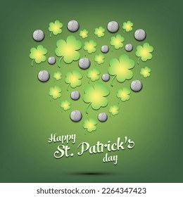 Happy St. Patrick's day. Heart made of clovers and golf balls. Pattern design for logo, banner, poster, greeting card, party invitation. Vector illustration on isolated background