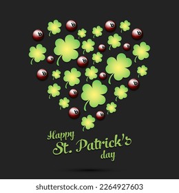 Happy St. Patrick's day. Heart made of clovers and  billiard balls. Pattern design for logo, banner, poster, greeting card, party invitation. Vector illustration on isolated background