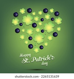 Happy St. Patrick's day. Heart made of clovers and  bowling balls. Pattern design for logo, banner, poster, greeting card, party invitation. Vector illustration on isolated background