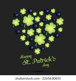 Happy St. Patrick's day. Heart made of clovers and  bowling balls. Pattern design for logo, banner, poster, greeting card, party invitation. Vector illustration on isolated background