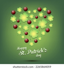 Happy St. Patrick's day. Heart made of clovers and cricket balls. Pattern design for logo, banner, poster, greeting card, party invitation. Vector illustration on isolated background