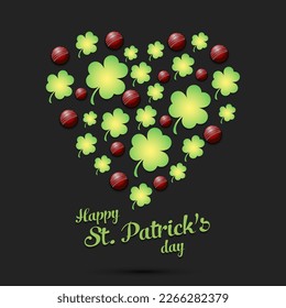 Happy St. Patrick's day. Heart made of clovers and cricket balls. Pattern design for logo, banner, poster, greeting card, party invitation. Vector illustration on isolated background