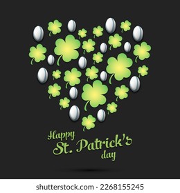 Happy St. Patrick's day. Heart made of clovers and rugby balls. Pattern design for logo, banner, poster, greeting card, party invitation. Vector illustration on isolated background