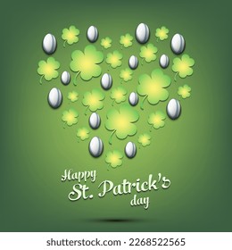 Happy St. Patrick's day. Heart made of clovers and rugby balls. Pattern design for logo, banner, poster, greeting card, party invitation. Vector illustration on isolated background