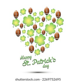 Happy St. Patrick's day. Heart made of clovers and football balls. Pattern design for logo, banner, poster, greeting card, party invitation. Vector illustration on isolated background
