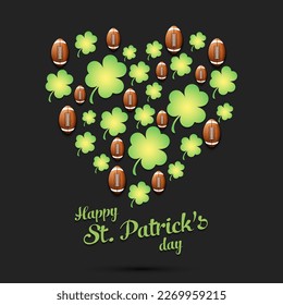 Happy St. Patrick's day. Heart made of clovers and football balls. Pattern design for logo, banner, poster, greeting card, party invitation. Vector illustration on isolated background