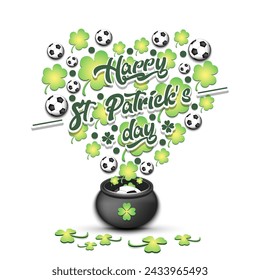 Happy St. Patricks day. Heart made of clovers and soccer balls in a pot. Pattern design for logo, banner, poster, greeting card, party invitation. Vector illustration on isolated background