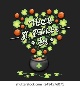 Happy St. Patricks day. Heart made of clovers and basketball balls in a pot. Pattern design for logo, banner, poster, greeting card, party invitation. Vector illustration on isolated background