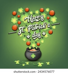 Happy St. Patricks day. Heart made of clovers and basketball balls in a pot. Pattern design for logo, banner, poster, greeting card, party invitation. Vector illustration on isolated background