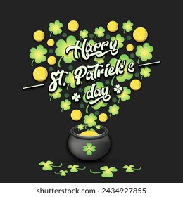 Happy St. Patricks day. Heart made of clovers and tennis balls in a pot. Pattern design for logo, banner, poster, greeting card, party invitation. Vector illustration on isolated background