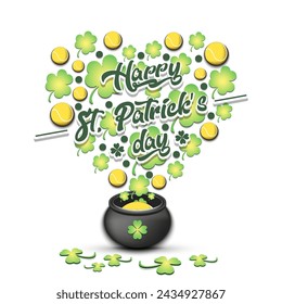 Happy St. Patricks day. Heart made of clovers and tennis balls in a pot. Pattern design for logo, banner, poster, greeting card, party invitation. Vector illustration on isolated background