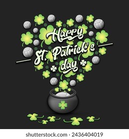 Happy St. Patricks day. Heart made of clovers and volleyball balls in a pot. Pattern design for logo, banner, poster, greeting card, party invitation. Vector illustration on isolated background