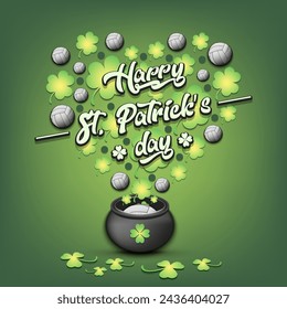 Happy St. Patricks day. Heart made of clovers and volleyball balls in a pot. Pattern design for logo, banner, poster, greeting card, party invitation. Vector illustration on isolated background