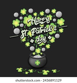 Happy St. Patricks day. Heart made of clovers and golf balls in a pot. Pattern design for logo, banner, poster, greeting card, party invitation. Vector illustration on isolated background