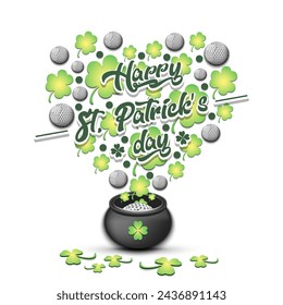 Happy St. Patricks day. Heart made of clovers and golf balls in a pot. Pattern design for logo, banner, poster, greeting card, party invitation. Vector illustration on isolated background